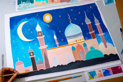 Mosque painting hurufiyya flat illustration. Generative AI. photo