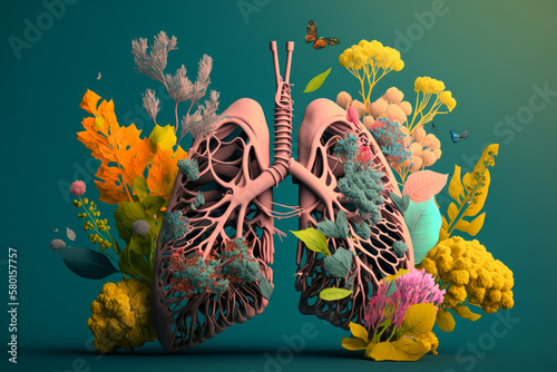 Human lungs covered in greenery, leaves and flowers. Abstract illustration. Health, Respiratory system health concept. Breathing.
 photo