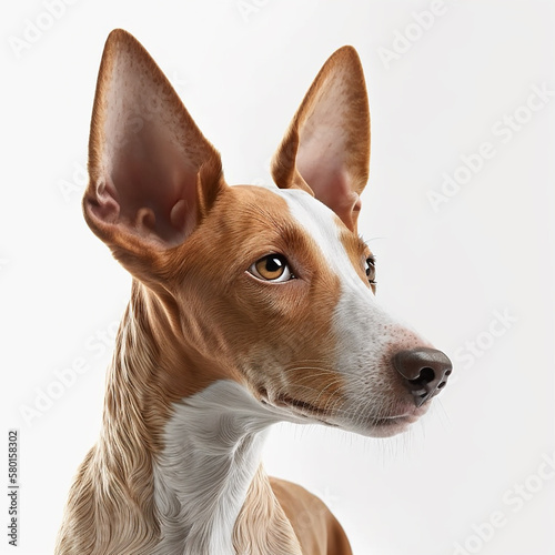 Beautiful red dog breed Podenco Ibizenco portrait isolated on white close-up, lovely home pet