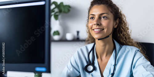 Female doctor talking with earphone while explaining medical treatment to patient through a video call with computer in the consultation. digital ai art.