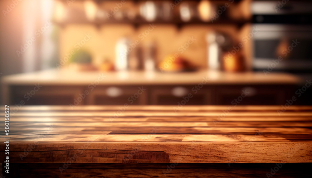 Brown wooden texture table over light blurred image of kitchen bench. kitchen blurred background. Generative A