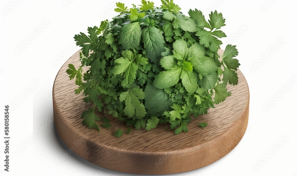  a bunch of green leaves sitting on top of a wooden board.  generative ai