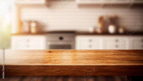 Brown wooden texture table over light blurred image of kitchen bench. kitchen blurred background. Generative A