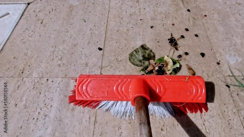 Shooting a broom from the first person. Effects of a hurricane. Oranges and lemons are rubbish. Clearing debris and fallen fruit after a strong wind. Orchard cleaning. Fruit recycling