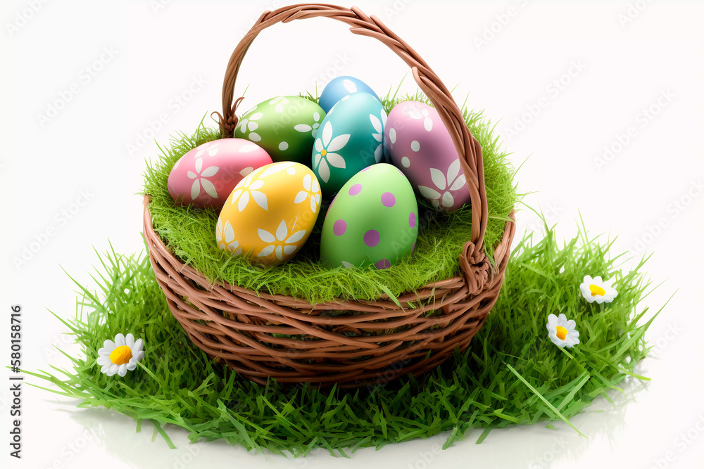 Easter eggs in a basket, basket standing on green grass, greeting card on white background. Generative AI Easter eggs in a basket, basket standing on green grass, greeting card on white background. Generative AI