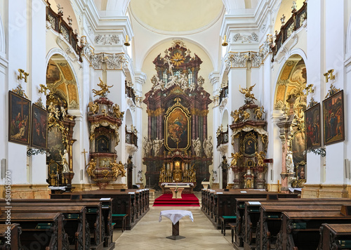 Obraz na płótnie Hradec Kralove, Czech Republic. Interior of Church of the Assumption of the Blessed Virgin Mary. The church was built in 1654-1666 by design of the Jesuit monk and architect Carlo Lurago. w salonie