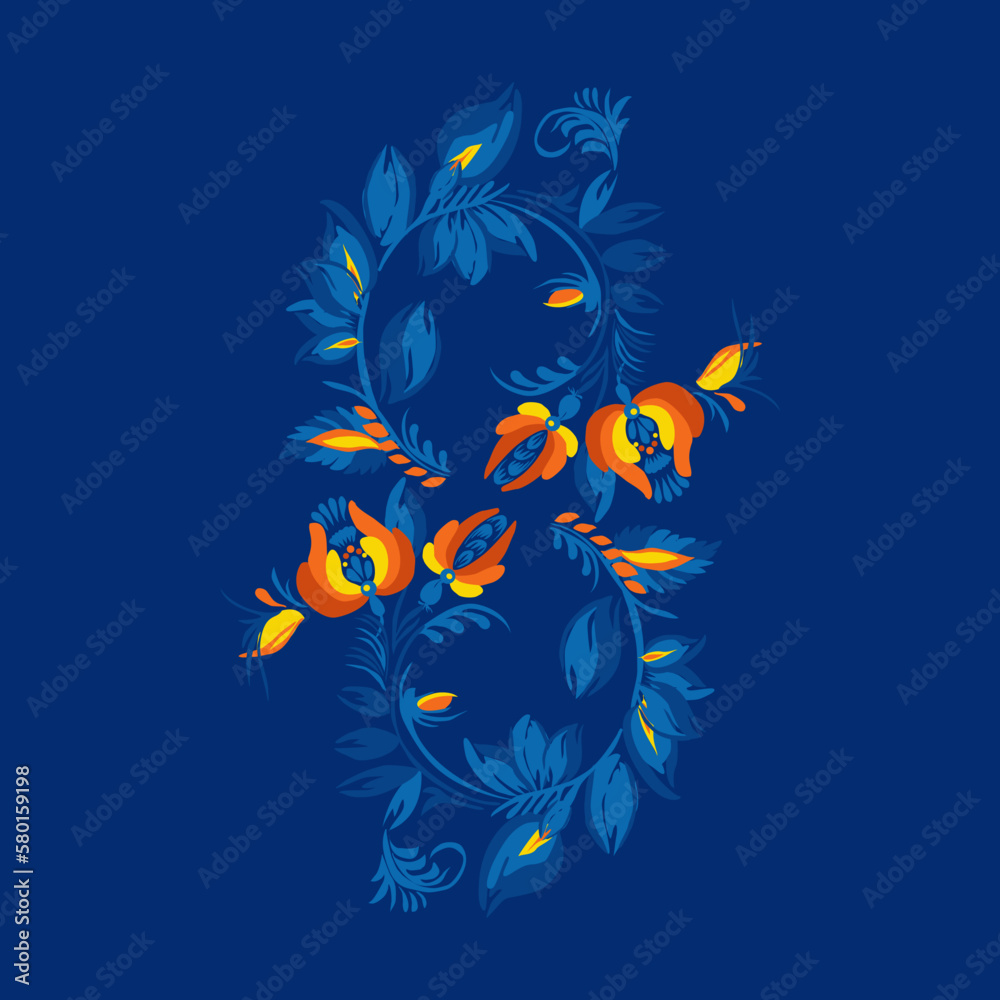 Fototapeta premium Traditional Ukrainian painting of Petrykivka. Elements of blue and yellow floral ornament. Decorative composition for the background. Repeating pattern.