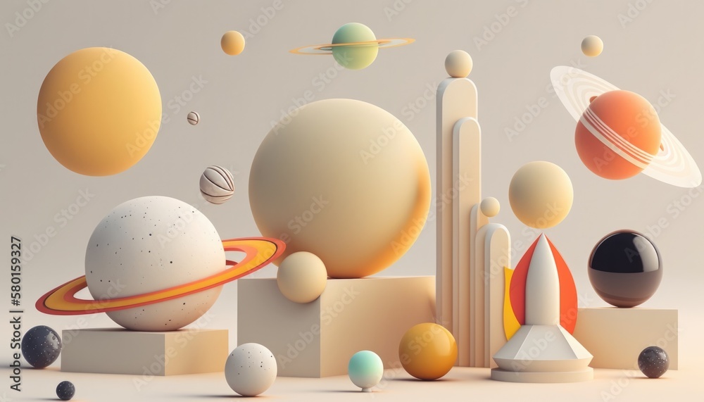 Minimalistic Solar System Art in 3D Graphics, planets, earth, abstract rocket, futurist banner, AI Minimalistic Solar System Art in 3D Graphics, planets, earth, abstract rocket, futurist banner, AI