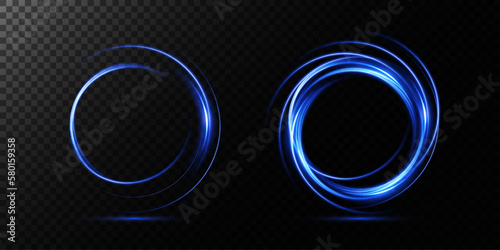 Magic portals on the night scene. Blue round holograms with rays of light and sparkles. Glowing futuristic teleport tunnel with copy space on black background.