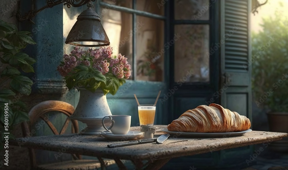 a table with a croissant and a glass of orange juice. generative ai a table with a croissant and a glass of orange juice. generative ai