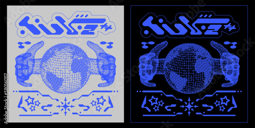 Retro Y2K poster with pixel hands over earth sphere. Dither effect. Print in techno style, for streetwear, print for t-shirts and sweatshirts on a black background