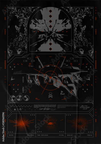 Retro poster with a flying fighter jet. Abstract print with paper texture for streetwear, for jacket, t-shirt or sweatshirt Isolated on black background