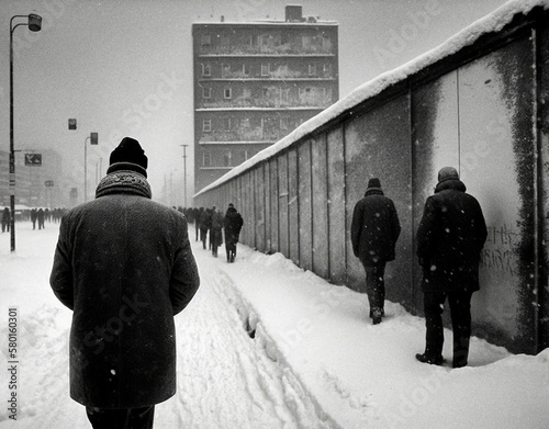 DDR lifestyle, men beside the Berlin wall - generative ai photo