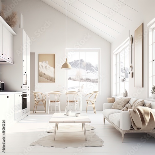 Mid-century interior with white decor, light and airy, living room AI generative © Friedbert