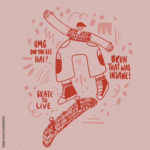 Handdrawn vector illustration of a person on skateboard and funny lettering. Wall art. Playful character. Women, girls skating. Perfect for cards, posters, invitations, packaging, merch.