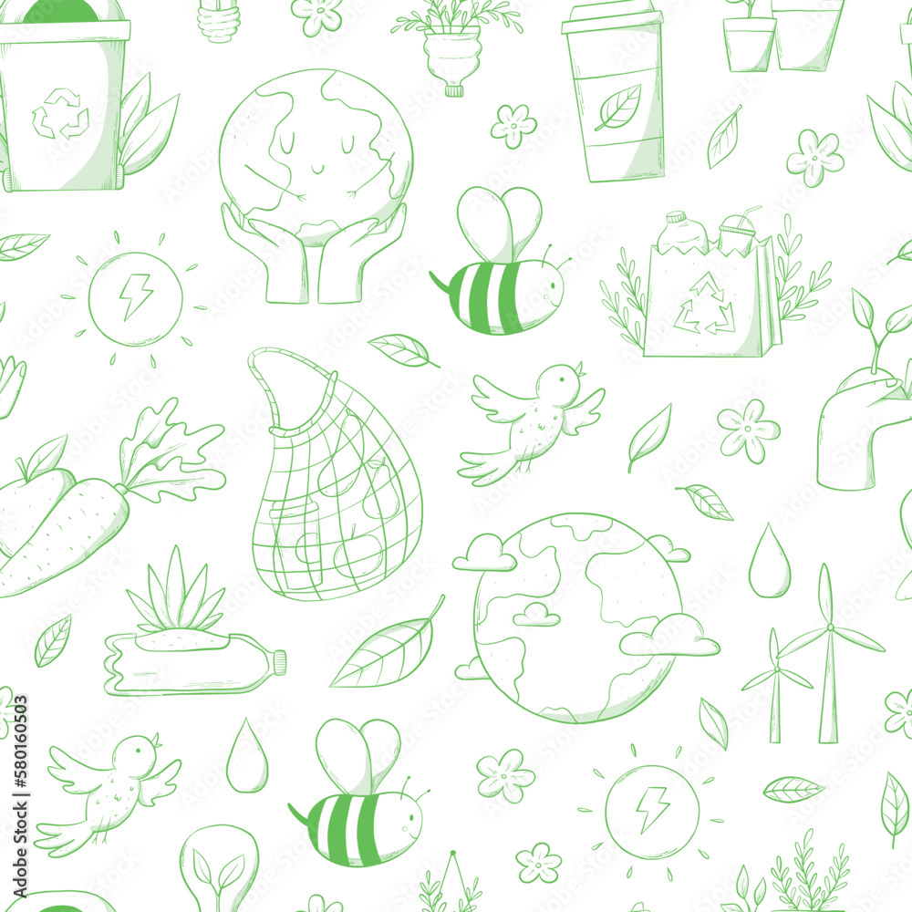 Environment doodles, ecological sustainability, zero waste seamless pattern with green doodles on white background for wallpaper, scrapbooking, wrapping paper, packaging, etc. EPS 10
