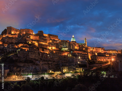 Night old medieval Ragusa Ibla famos Sicilian town view  Sicily  Italy . City lights of famous touristic destination. Unesco world heritage site.
