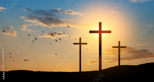 Obraz na płótnie Christian crosses on hill outdoors at sunrise