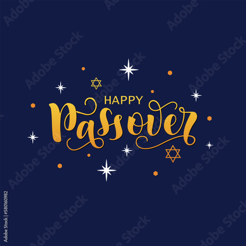Happy Passover handwritten text. Golden letters, sparkling stars on dark blue background. Modern brush calligraphy. Hand lettering, vector illustration for Jewish holiday as greeting card or poster