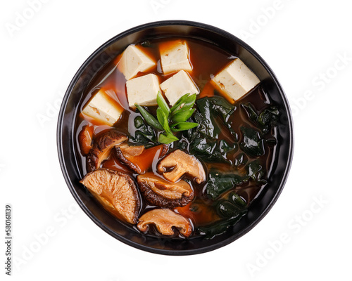 Miso soup with miso pasta, tofu, shiitake, wakame seaweed, green chibula, white sesame for online restaurant menu on white background 3