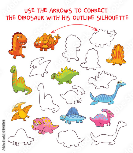 Connect same objects. Use arrows to connect dinosaur with his outline silhouette. Educational game for children. Colorful cartoon characters. Funny vector illustration. Isolated on white background