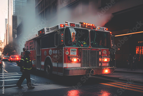 Fire Truck in New york. Firefighters Rescue after Fire Alarm went off at building. Firemen at apartment fire. Accodent on Street in NYC, firefighters and extinguish fire, Ai Generative illustration.