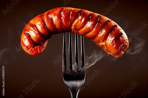 Sausage with smoke on fork. Grilled Sausage on fork. Juicy german sausage on grilled. Barbecue bbq pork.