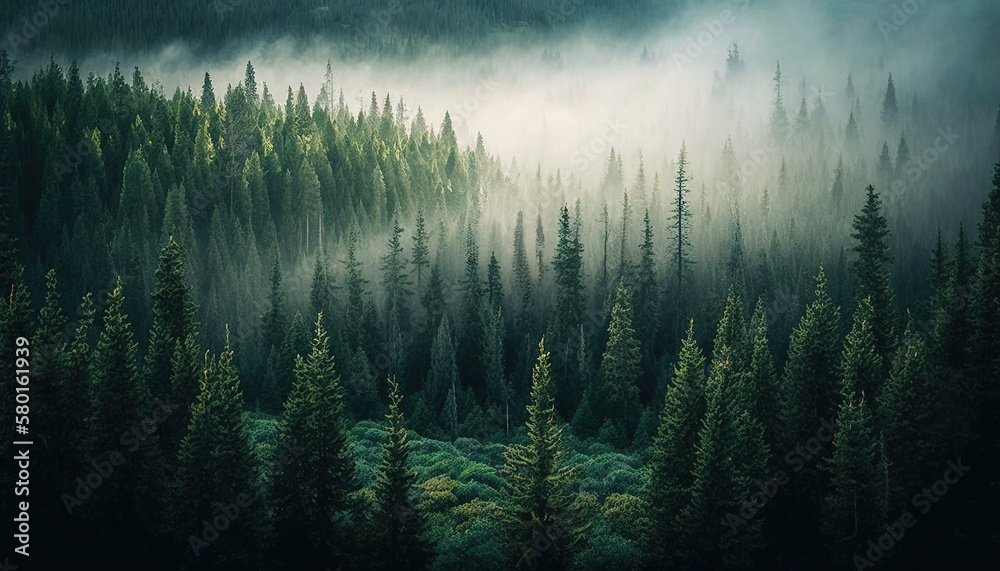 Lush Boreal Forest, Dark green woods misty landscape, old spruce, fir and pine aerial top view Lush Boreal Forest, Dark green woods misty landscape, old spruce, fir and pine aerial top view