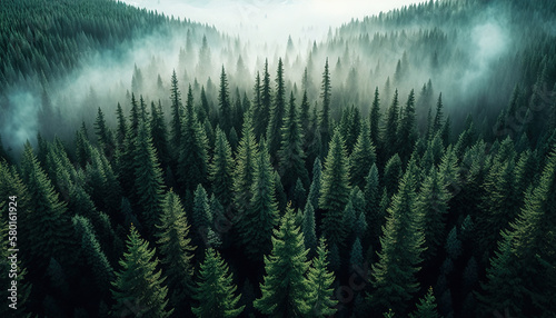 Lush Boreal Forest, Dark green woods misty landscape, old spruce, fir and pine aerial top view  photo