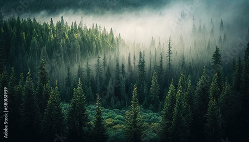 Lush Boreal Forest  Dark green woods misty landscape  old spruce  fir and pine aerial top view 