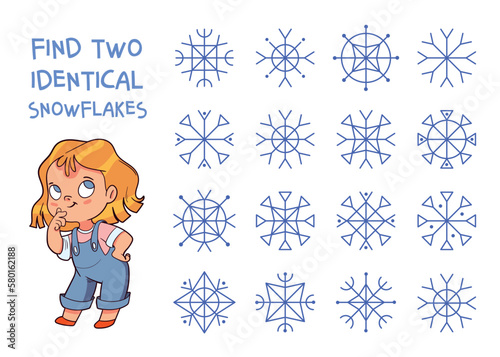 Find two identical snowflakes. Find 2 same objects. Educational game for children. Choose correct answer. Colorful cartoon characters. Funny vector illustration. Isolated on white background