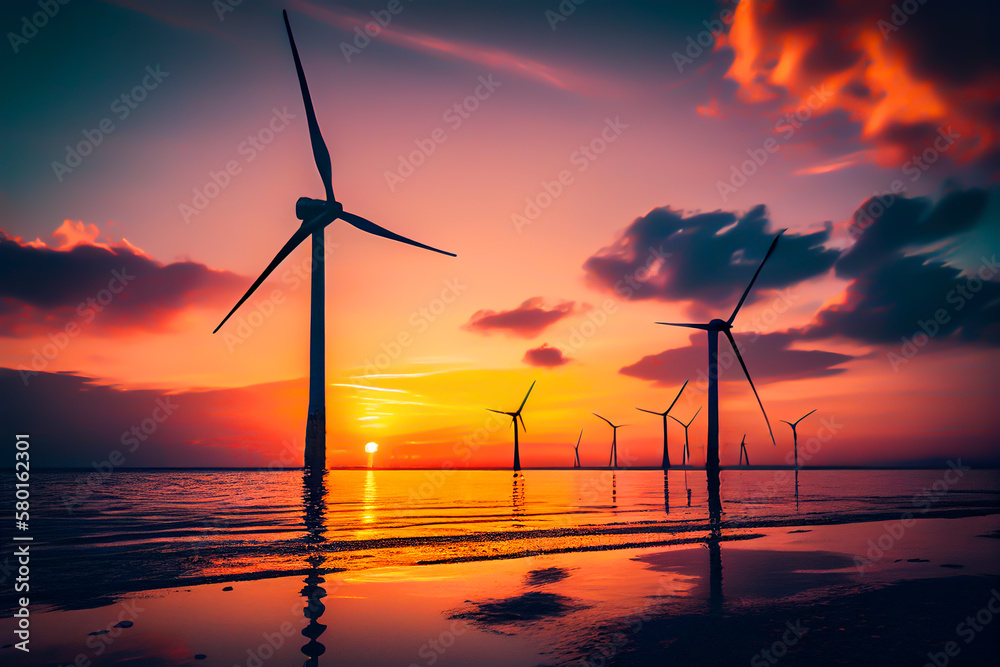 Offshore wind power. Wind turbines in sea on sunset. Offshore Wind farm park. Green energy, AI Generative. Wind turbines alternative energy. Ecology and environmental. Windmill power industry.