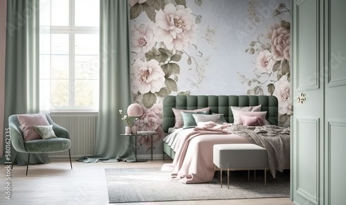  a bedroom with a floral wallpaper and a green chair. generative ai