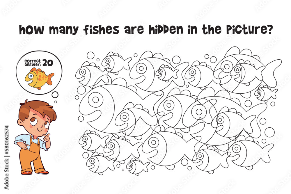 Count how many fishes are hidden in the picture. How many items are in picture. Educational game for children. Colorful cartoon characters. Funny vector illustration. Isolated on white background