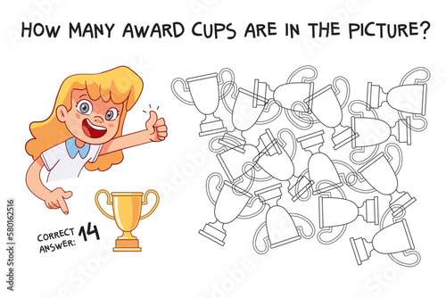 Count how many award cups are hidden in the picture. How many items are in picture. Educational game for children. Colorful cartoon characters. Funny vector illustration. Isolated on white background