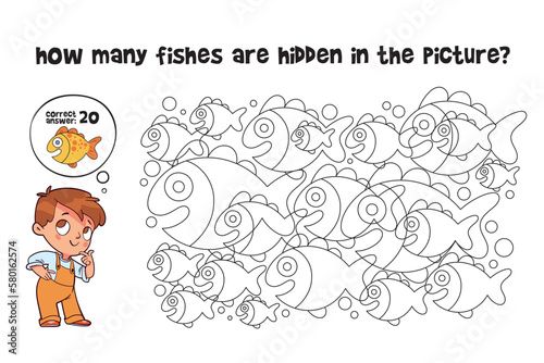 Count how many fishes are hidden in the picture. How many items are in picture. Educational game for children. Colorful cartoon characters. Funny vector illustration. Isolated on white background