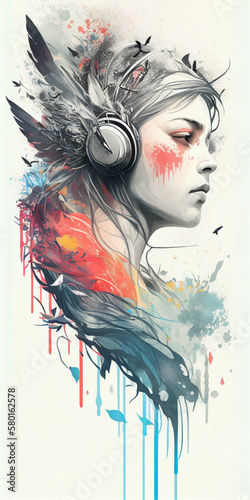 Beautiful girl in headphones. AI generated illustration