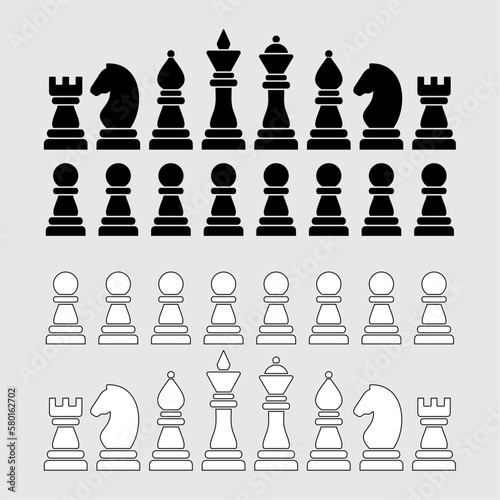 Silhouettes of chess pieces. Black and white pieces on a light background.