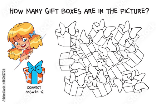 Count how many gift boxes are hidden in the picture. How many items are in picture. Educational game for children. Colorful cartoon characters. Funny vector illustration. Isolated on white background