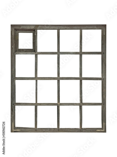 Wooden window frame. Old wooden square window isolated on white