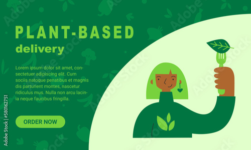 Vegan and plant-based banner landing page. Healthy diet concept. Sustainable, cruelty-free, climate-friendly, meatless and dairy-free food. Vector flat illustration. Animal protein replacement.