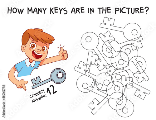 Count how many keys are hidden in the picture. How many items are in picture. Educational game for children. Colorful cartoon characters. Funny vector illustration. Isolated on white background