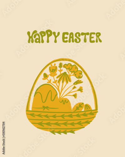 Groovy easter postcard. Easter Elements and Happy easter lettering. Groovy, hippie, retro aesthetic. Perfect for wall art, packaging, merch.