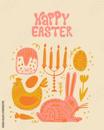 Groovy easter postcard. Easter Elements and Happy easter lettering. Groovy, hippie, retro aesthetic. Perfect for wall art, packaging, merch.
