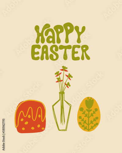 Groovy easter postcard. Easter Elements and Happy easter lettering. Groovy, hippie, retro aesthetic. Perfect for wall art, packaging, merch.