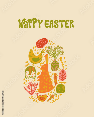 Groovy easter postcard. Easter Elements and Happy easter lettering. Groovy, hippie, retro aesthetic. Perfect for wall art, packaging, merch.