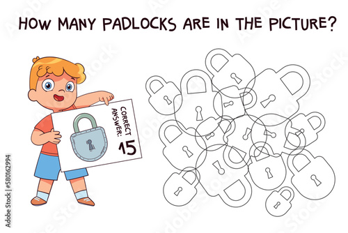 Count how many padlocks are hidden in the picture. How many items are in picture. Educational game for children. Colorful cartoon characters. Funny vector illustration. Isolated on white background