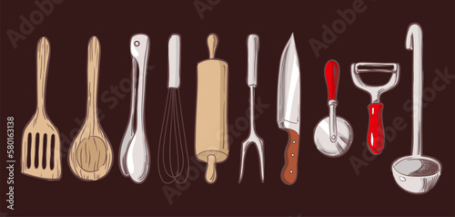 Collection of kitchen utensils on dark background