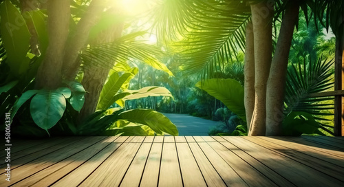 Fototapeta Naklejka Na Ścianę i Meble -  Empty wooden terrace, wood plank floor with tropical style tree garden background sunlight shine on the tree