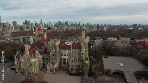 A drone view of the Casa Loma against the Ontario cityscape in Canada